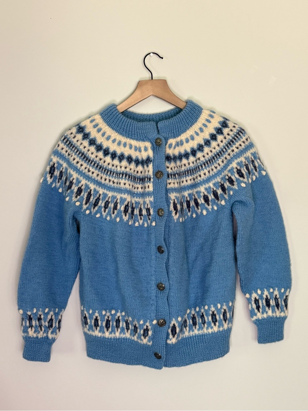 Vintage Dale of Norway Blue Nordic-Pattern Wool Cardigan Sweater made in Norway